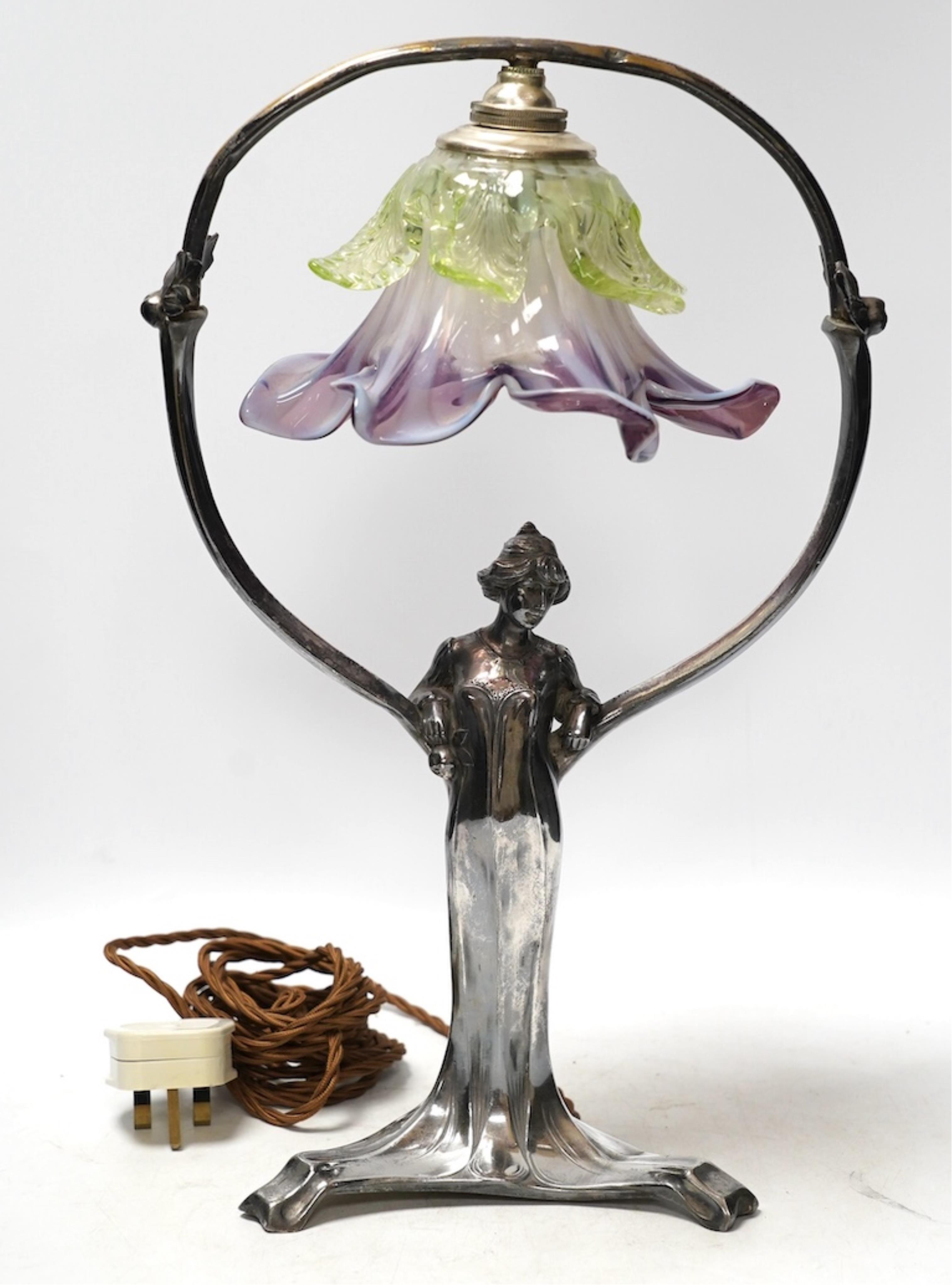 An Art Nouveau WMF pewter and glass flower shade lamp, 39cm high. Condition - split to base on one leg, otherwise good